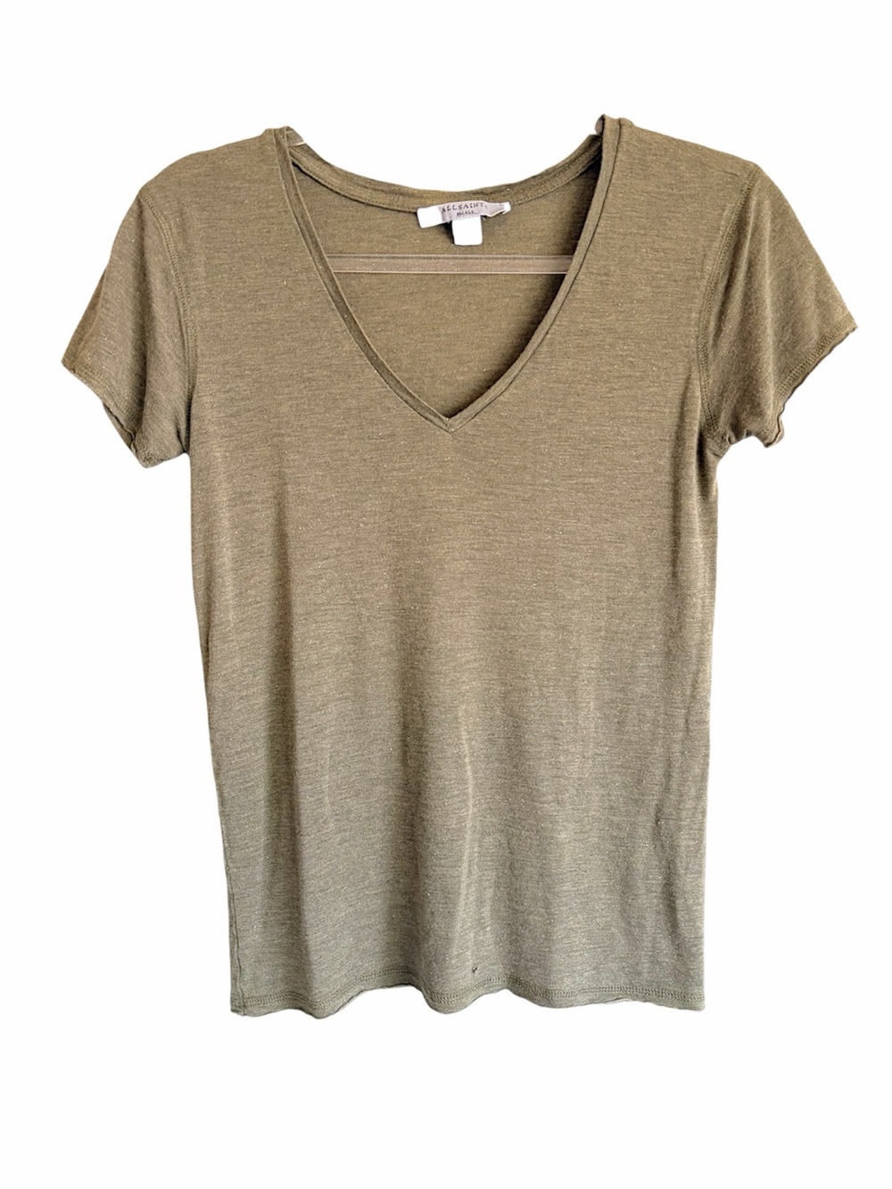 All Saints Vneck Tshirt, army green, size Small